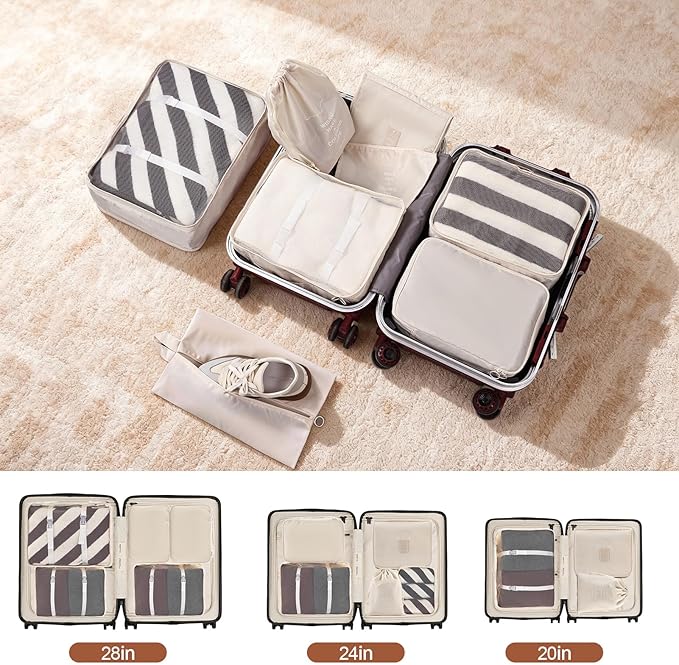 8 Set Compression Packing Cubes for Travel Essentials,Suitcase Organizer Bags, Carry-On Luggage Accessories with Laundry & Toiletry Bag, Road Trip & Camp Gifts for Men and women(beige)