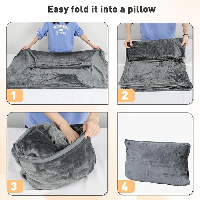 Catalonia Packable Travel Wearable Blanket Pillow with Sleeves for Adults, 2 in 1 Wearable Blanket with Pockets