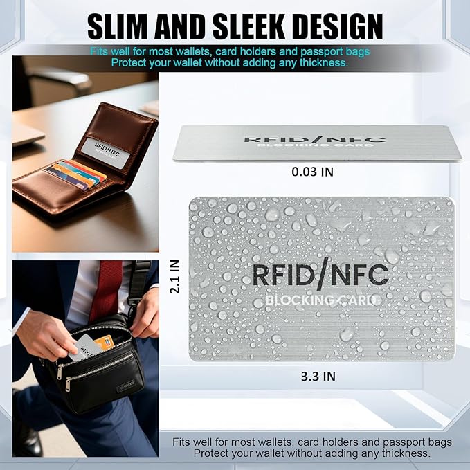 RFID Blocking Cards, Premium Contactless NFC Debit Credit Card & Passport Protector Blocker Set for Men & Women - Smart Slim Design One Card Protects Entire Wallet/Purse Safe - Silver 4 Pack
