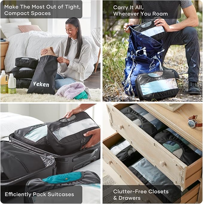 Veken 10 Set/8 Set Packing Cube for Travel Essential,Suitcase Organizer Bag in 4 Sizes,Carry-On Luggage Accessories with Laundry&Toiletry Bag, Airplane Must-Have,Road Trip&Camp Gift for Men(Pack of 2)
