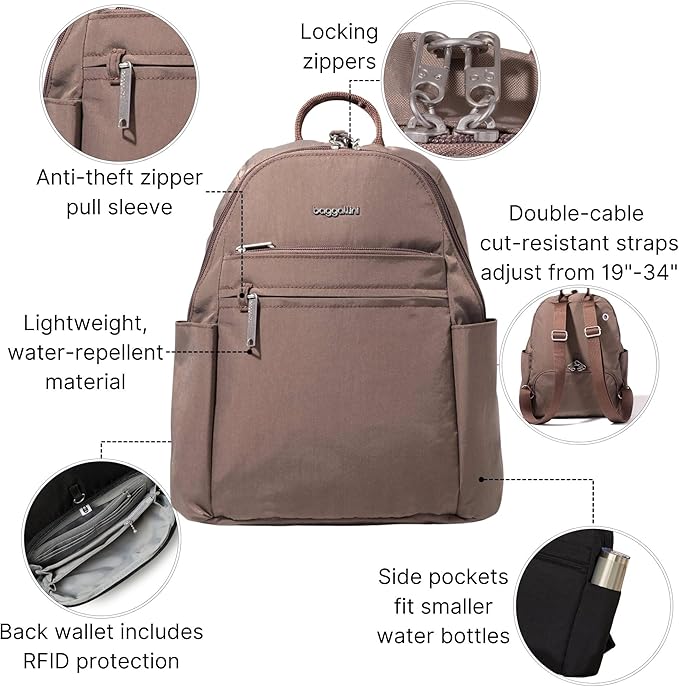 Baggallini Securtex® Anti-theft Vacation Travel Backpack 10x13 Slash-Resistant Nylon Daypack w/RFID, Portobello
