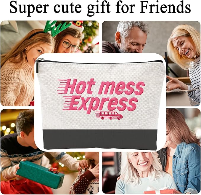 ZUYUROU Funny Makeup Bag for Women - Hot Mess Express Sassy Pink Quote Pouch - Y2K Preppy Style Canvas Cosmetic Organizer - Hilarious Gift for Best Friend, Busy Mom & College Student