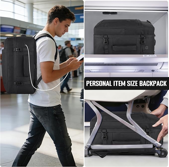 HILOMON Black Travel Backpack for Men Women, TSA Approved Personal Item Size 18x14x8 Under Seat Backpack for Airplanes 15.6inch Laptop 30L Luggage Carry On Bag