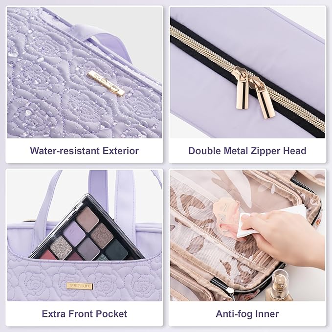 Everfun Hanging Toiletry Bag for Travel, 12x9x4.5 inch Large Capacity Cosmetic Organizer with Leakproof Wet/Dry Compartment, Waterproof Dopp Kit Toiletries Bag for Women Light Purple