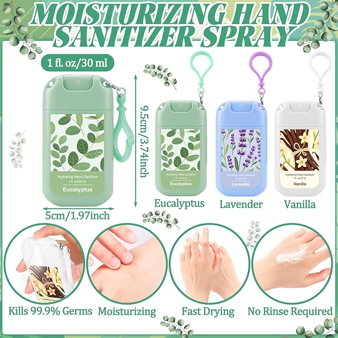 Set of 3 Power Mist Hydrating Hand Sanitizer Spray Bulk with Keychain Travel Size Refreshing Hand Sanitizer 1 Fl. oz Compact Spray Bottle Eucalyptus Lavender Vanilla Scent for Friends Gifts