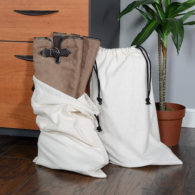 ZENPAC Cowboy Boot Bag, Beige Duster Flannel Pouch with Drawstring Closure, Washable Breathable Cotton Fabric for Shoes, Luggage, 12.5x20.5 2 Pack