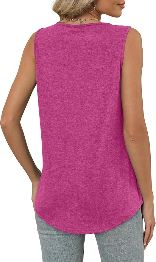 OFEEFAN Tank Top for Women Loose Fit Sleeveless Shirts V Neck Summer Clothes Ruched Women's Tees and Tanks Curved Hem