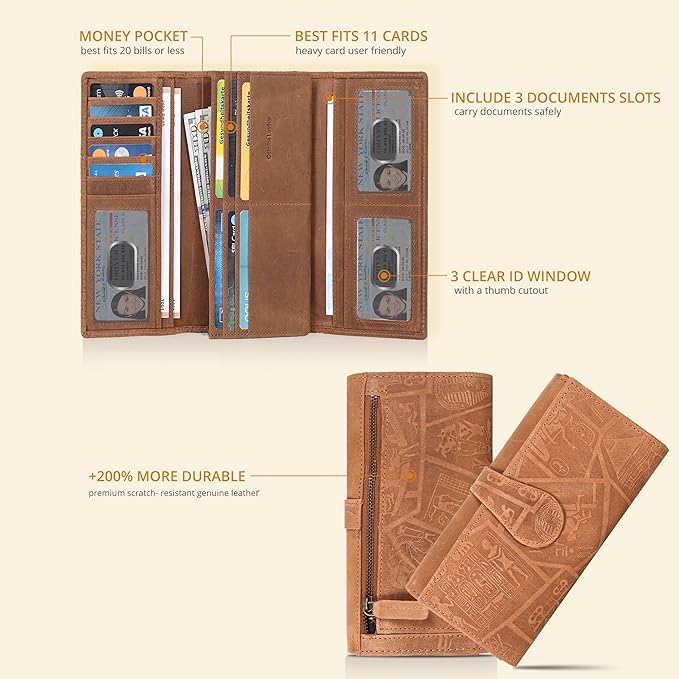 Real Leather Women Wallet Leather with RFID Blocking -Trifold Card Holder Designer Ladies Clutch with ID Window Wallets