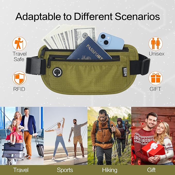 Slim Money Belt for Travel - Anti-Theft Hidden Passport Holder Waist Wallet with Secure Pouch for Cash, Credit Cards & Phone Safe (Small Olive-green)