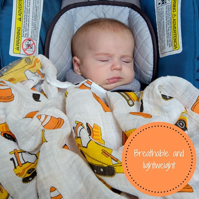 LollyBanks Muslin Swaddle Blanket, 100% Muslin Cotton Baby Blankets for Boys, 47 X 47 Inches Newborn Receiving Blanket, Swaddles for Newborns Baby Boy, Registry (Fun Construction Theme Print)