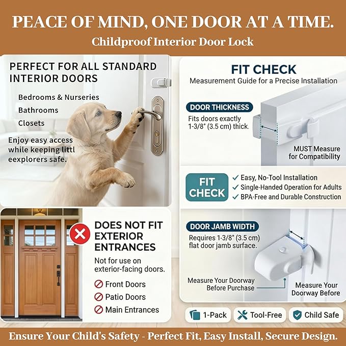 Door Lock for Kids Safety, Snap-On Child Proof Door Latch for Bedrooms Inside, No Drill Portable Door Lock for Baby, Toddler & Pet Proofing Home Use (1Pcs)