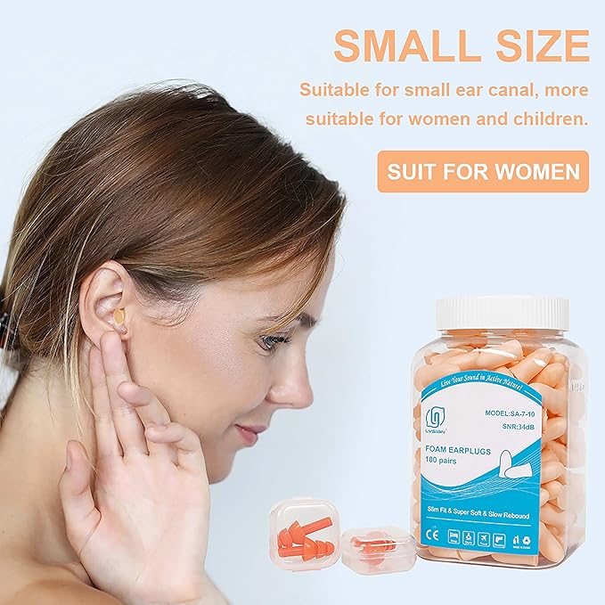 LYSIAN Foam Ear Plugs for Sleeping Small Ear Canals Women, Kids-35dB SNR Noise Canceling Sleep Earplugs for Snoring, Work, Shooting, Studying, Flesh Color-100 Pairs