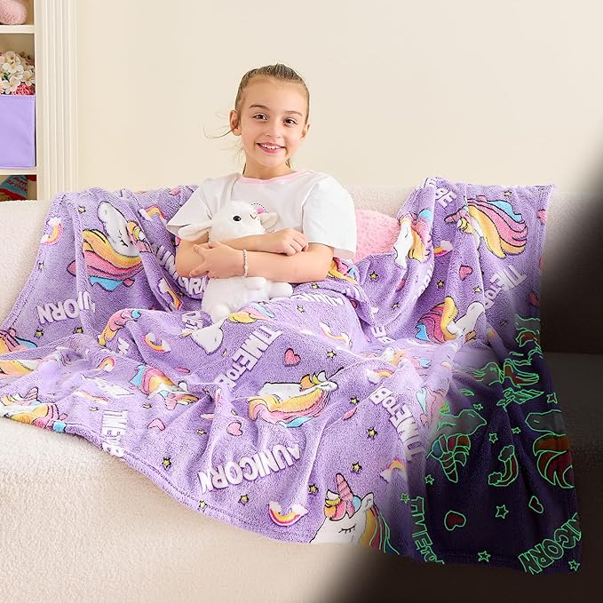 Wajade Unicorn Gifts for Girls - Glow in The Dark Unicorn Blanket Birthday Christmas Decor for Kids Age 3 4 5 6 7 8 9 10 11 12 Years Old Teens Child Toddler Throw Violet 50"x60"