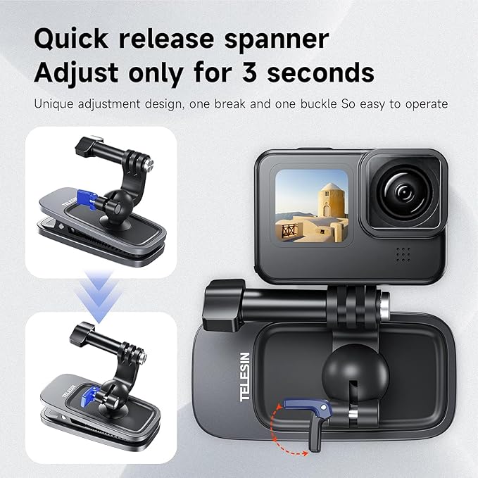 TELESIN Backpack Clip Mount 360 Swivel Ball Joint Shoulder Bag Belt Strap Mounts Accessories for GoPro 13 12 11 10 9 8 7 6 5 Insta 360 X3 Ace Pro Action 3 4 5Pro 6 Pocket 3 Bike Motorcycle Accessory