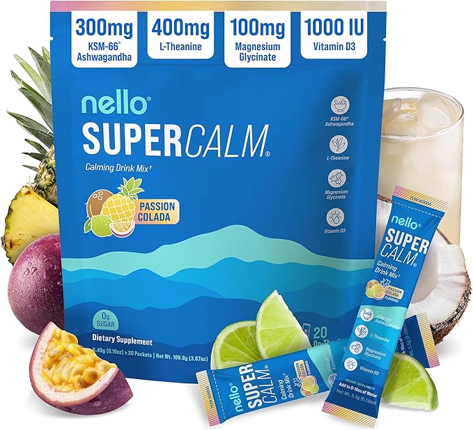 Nello Supercalm Powdered Drink Mix, Cortisol Reducer* and Sleep Aid Supplement, L Theanine, Ksm-66 Ashwagandha, Magnesium Glycinate, Vitamin D 3, No Sugar, Non GMO, On The Go, 20 Ct, Passion Colada