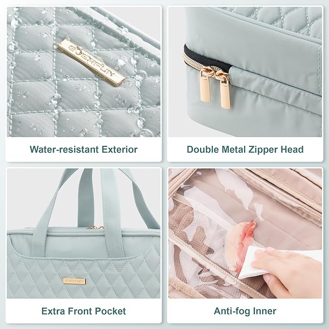 Everfun Hanging Toiletry Bag for Travel, 12x9x4.5 inch Large Capacity Cosmetic Organizer with Leakproof Wet/Dry Compartment, Waterproof Dopp Kit Toiletries Bag for Women Mint Green