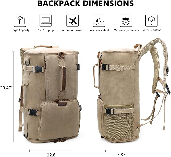G-FAVOR 40L Travel Backpack, Vintage Canvas Rucksack Convertible Duffel Bag Carry On Backpack Fit for 17.3 Inch Laptop Bag