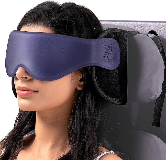 Travel Pillow, Airplane Pillow with 3D Eye Mask for Sleeping, Round Edge Plane Head Strap 360°Headrest Support for Long Flight, Stop Bobblehead, Travel Essential for Car Road Trip Purple