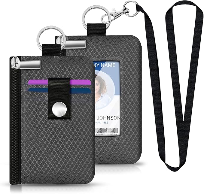 Minimalist RFID Blocking Small Wallet with ID Window,WaterResistant Zip Id Case Wallet with Lanyard Keychain for Cards,Cash,Travel,Women,Men (DarkGrey)