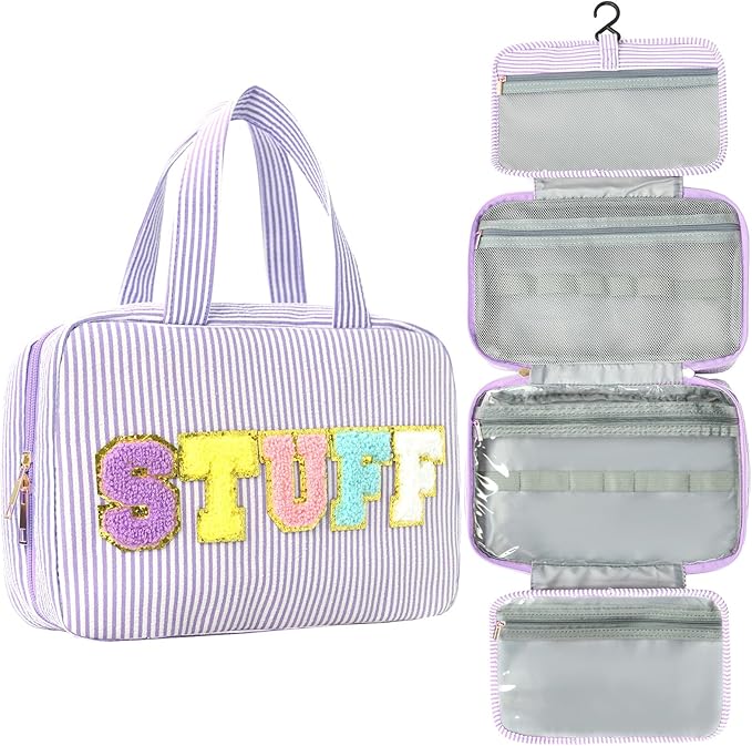 Hanging Toiletry Bag for Women Chenille Letter Travel Cosmetic Bag Fashion Stripes Water-resistant Makeup Bag for Store Toiletries Cosmetic Accessories Medium Purple