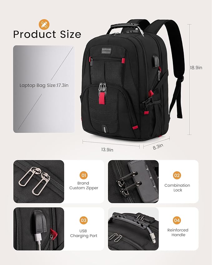 LOVEVOOK 17 Inch Laptop Backpack for Men Women, Waterproof Anti-Theft Travel Backpack with USB Charging Port & Lock Black
