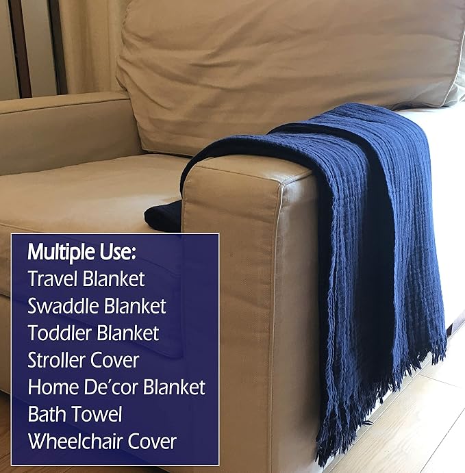 KyraHome Muslin Blankets for Adults, 50"x60" 100% Organic Cotton Throw Blanket, Plant Dyed, Breathable, Lightweight Gauze Cotton Blanket for Couch, Bed, Travel, All Season (Navy Blue)