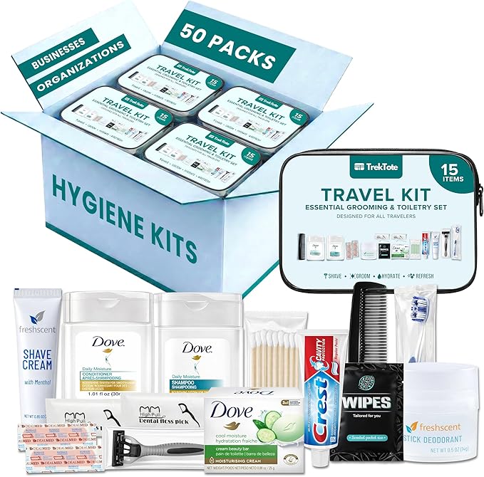 TrekTote Bulk 15 Piece Hygiene Kits for Distribution & Travel, TSA Toiletries Kit, Mini Shampoo, Toothbrush, Deodorant, Soap, Razor, Individually Packaged in Case Pack of 50