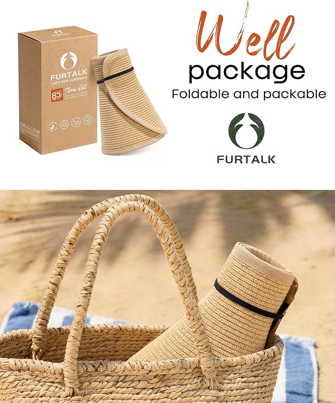 FURTALK Sun Hats for Women Wide Brim Beach Hat Straw Visor Ponytail Summer UV Packable Foldable Beach Vacation Essentials