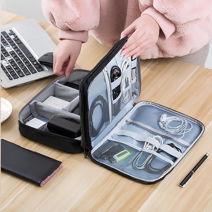 Cable Organizer Case – Double-Layer Cord Travel Storage Bag for Tech Accessories, Electronics, Chargers, Cables, Laptop & Tablet – Weatherproof & Portable Case for Travel
