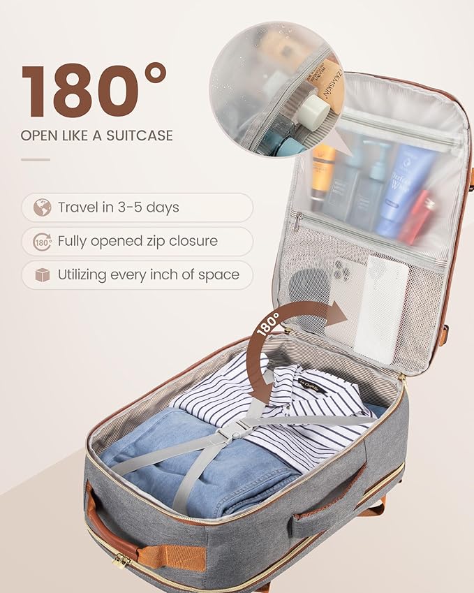 LOVEVOOK Travel Backpack for Women & Men 50L,Airline Approved Carry On Backpack Travel Essentials,TSA Carry on Luggage,Waterproof Personal Item Travel Bag,Suitcase with 3 Packing Cubes,Grey-Brown