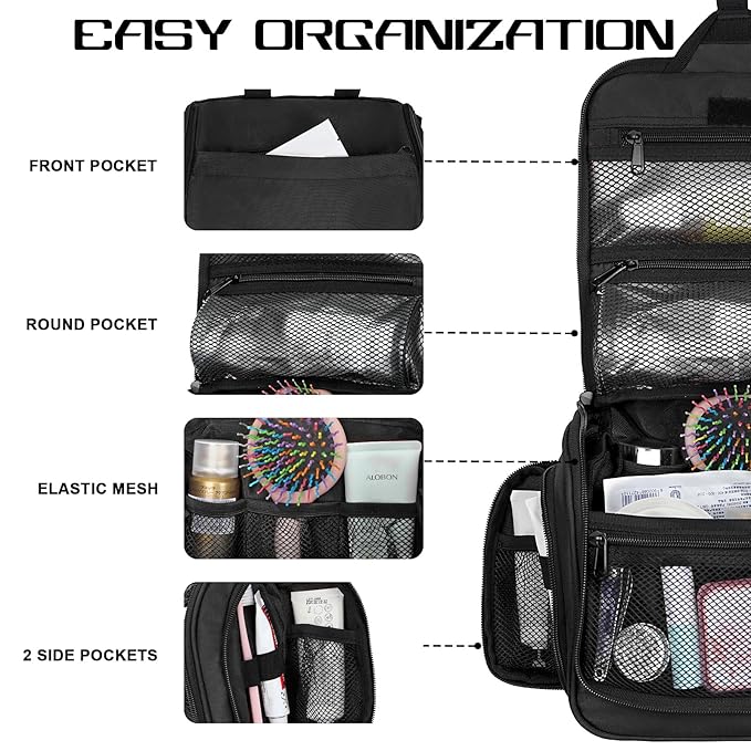 Goloni Hanging Toiletry Bag, 10 Compartments Water-Resistant Makeup Bag with 360° Spinning Metal Hook, Large Travel Cosmetic Organizer for Men & Women, Black (7.05oz)