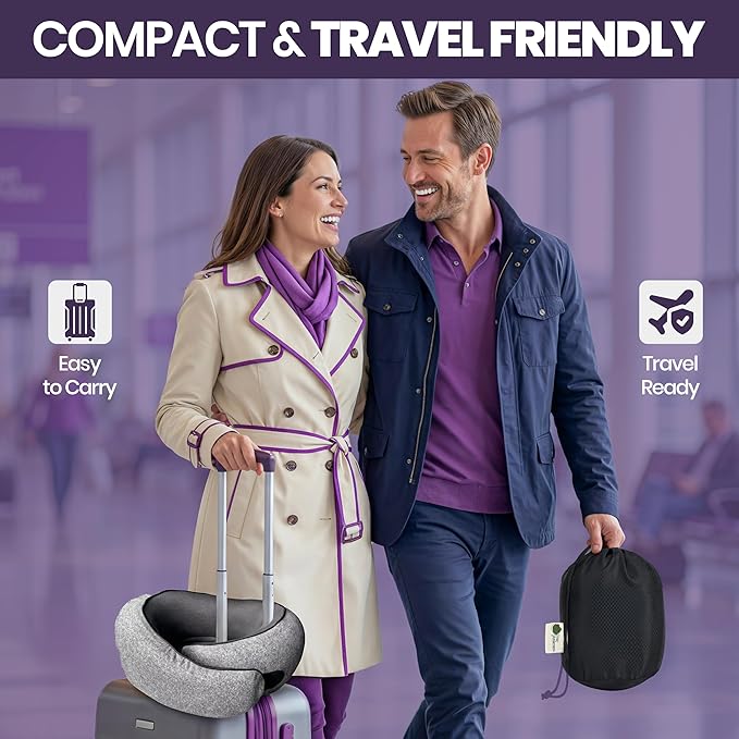 Travel Neck Pillow 100% Memory Foam, Ergonomic 360° Support Pillow for Flights, Car, Office & Train, Breathable Travel Essentials for Adults & Kids, Neck Pain Relief, (GREY)