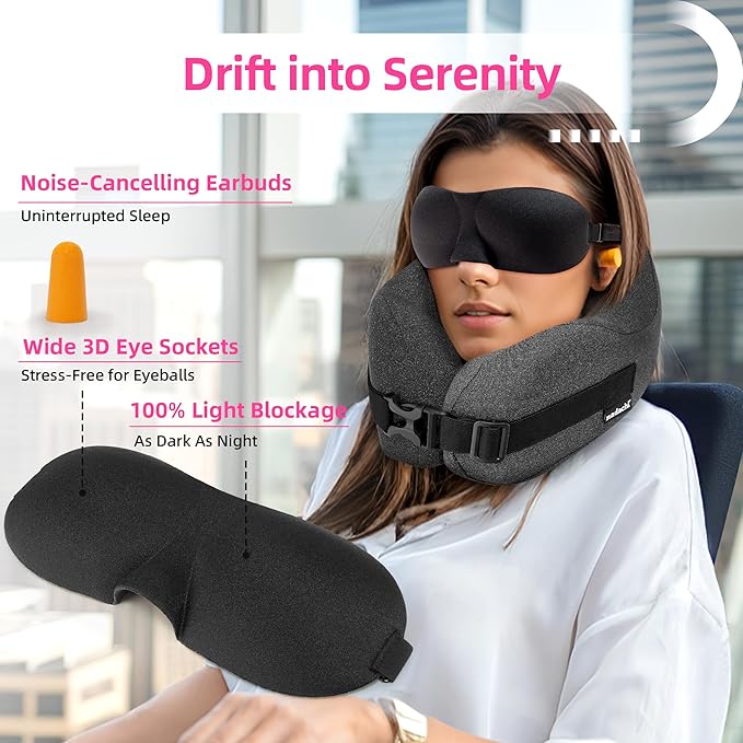 Neck Pillow Airplane Travel Set - Pure Memory Foam Travel Pillow for Long Flights Essentials, Sleeping with 3D Contoured Eye Mask, Earplugs, Portable Bag (Grayish)