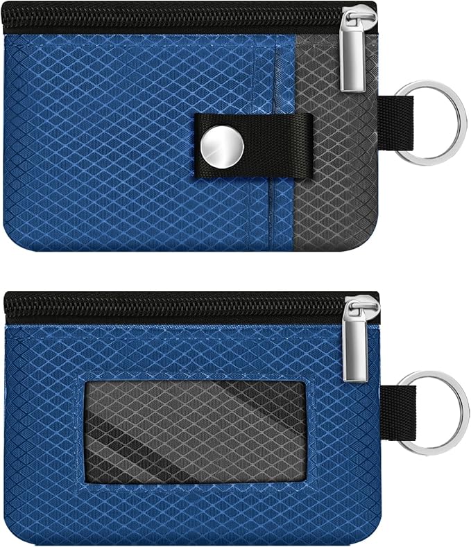 Minimalist RFID Blocking Small Wallet with ID Window,WaterResistant Zip Id Case Wallet with Lanyard Keychain for Cards,Cash,Travel,Women,Men (Electric Blue/DarkGrey)