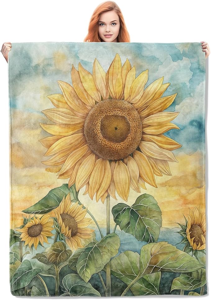 Sunflower Watercolor Painting Blanket, Yellow Sunflowers Flannel Throw Blankets,Soft Warm Lightweight Cozy Plush Throws for Bedroom Sofa Office Home Decor Gifts for Women Girls 60"x50"