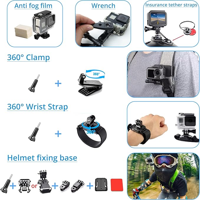 lifelimit Accessories 62 in 1 Accessories Starter Kit Compatible with All Gopro Hero 13/12/11/10/9/8 max Fusion/Session/HD Black White Silver AKASO APEMAN Campark SJCAM
