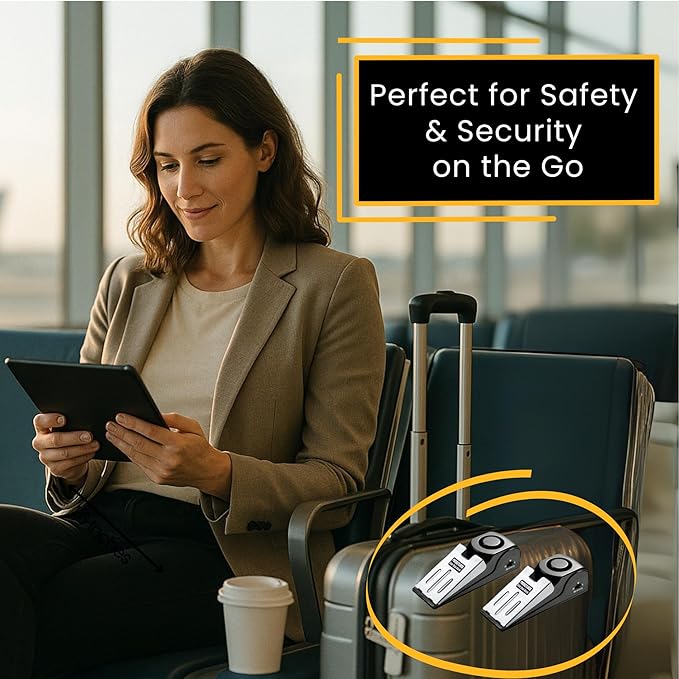 Door Stop Alarm with 120 dB Siren – Portable Travel Door Stopper Alarm Wedge for Hotel, Apartment & Dorm Security – Battery-Operated, Black, 3-Pack