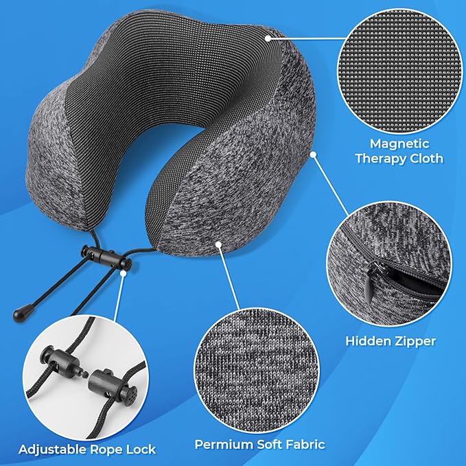 ExploreBliss Travel Pillow, 2 Pack Travel Pillows for Sleeping Airplane, Removable Cover Neck Pillow with Adjustable Clasp, Memory Foam Neck Pillow Set (Dark Grey & Black)