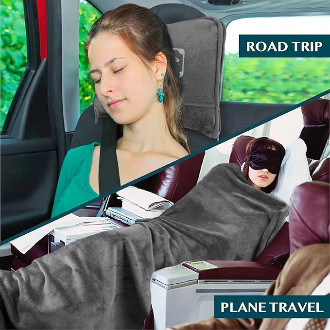 PAVILIA Travel Blanket Pillow, Airplane Blanket Set in Soft Bag with Pockets, Plane Blanket Compact Packable, Flight Essentials Car Pillow, Travelers Accessories Gifts, Luggage Strap, Gray