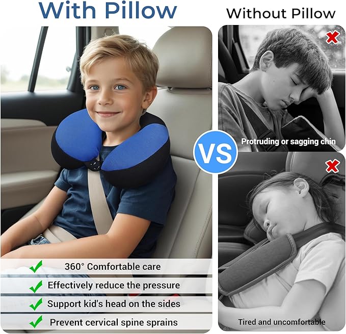 COOLBEBE Kids Travel Neck Pillow, Softly Headrest Travel Pillow for Car & Airplane, Traveling Gifts for Toddler & Children, Haze Blue
