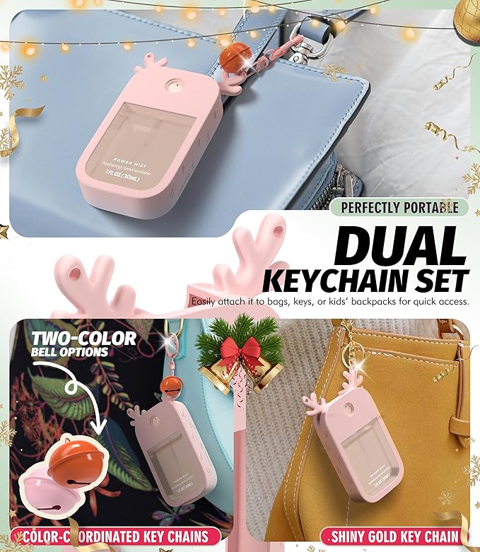 Sonnorel 1 Pack Elk Silicone Case Compatible with Touchland Hand Sanitizer Spray (Fit for 1 FL OZ/30 mL Ver), Portable keychain, Small Bell, Cute Deer Antlers (Pink)