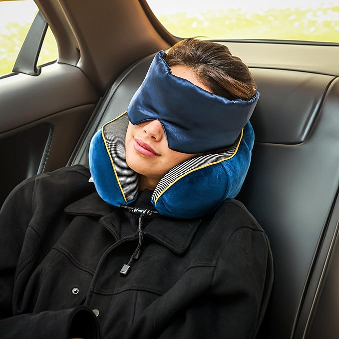 ComfyCozy Luxury Travel Pillow and Silky Plush Eye Mask - Sleeping Traveling Airplane Essentials - Memory Foam Neck Support Pillows for Plane Car Flying - International Flight Must Haves Essentials