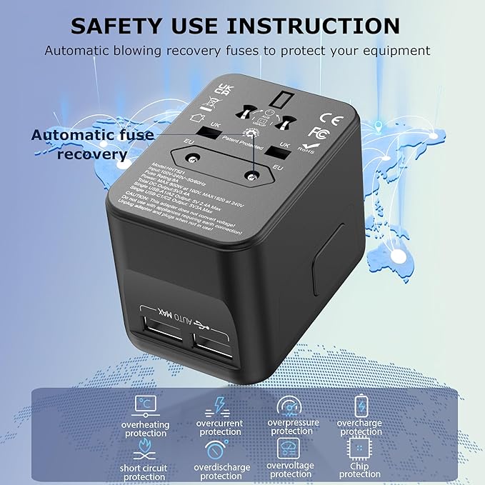 2026 New MENLONIGT Universal Travel Adapter, International Power Plug Adapter with 2 USB-C and 2 USB-A Ports, All-in-One Worldwide Wall Charger for USA EU UK AUS (Black)