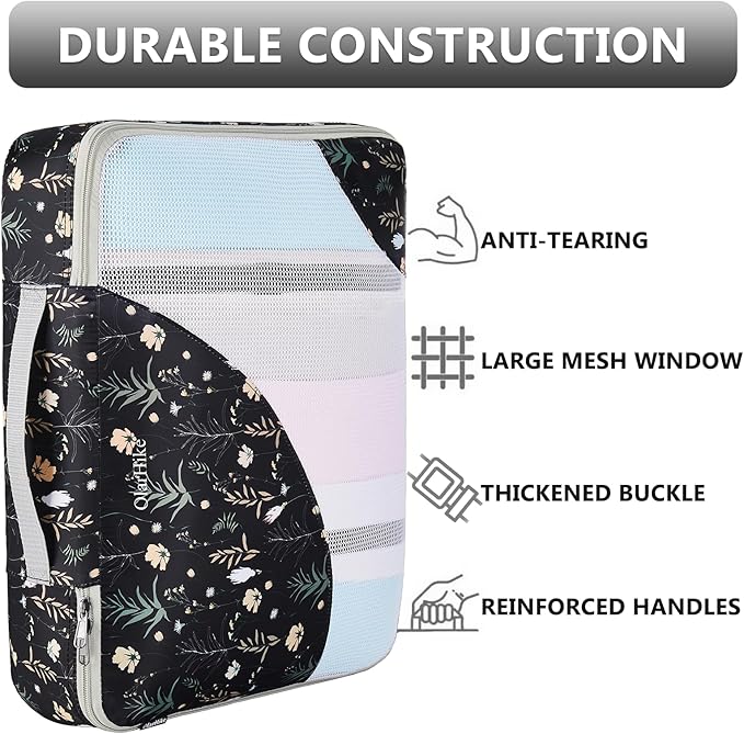 8 Set Packing Cubes for Travel, Gifts for Women Mom,Anti-Tearing Suitcase Organizer for Luggage with Shoe & Hanging Toiletry Bag,OlarHike Vacation Essentials & Accessories for Cruise Ship,Black Flower