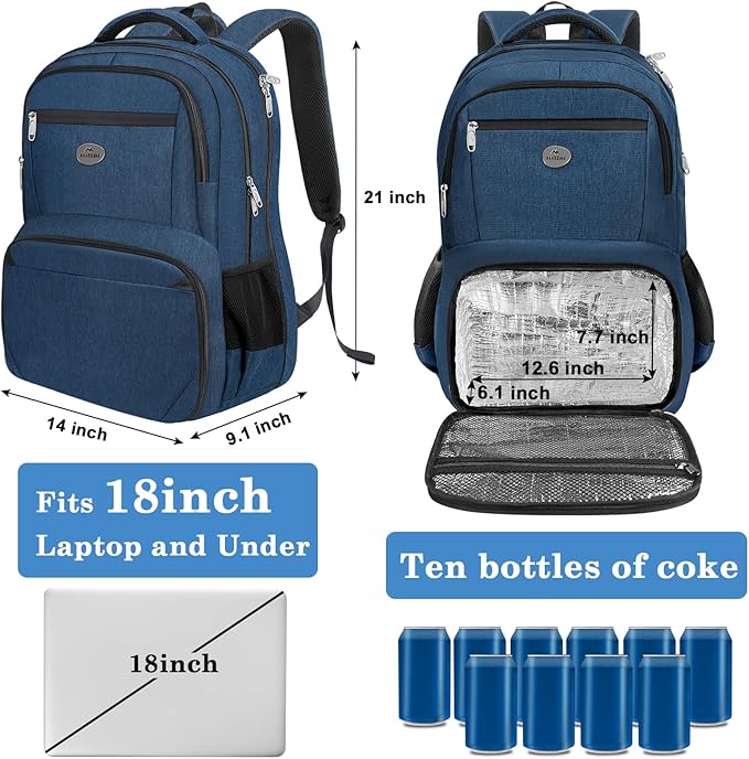 MATEIN Backpack Lunch Box, Water Resistant Mens Lunch Backpack for Work with 18 Inch Laptop Compartment, TSA Flight Approved Travel Bookbag with Luggage Strap, Extra Large Insulated Cooler Bag