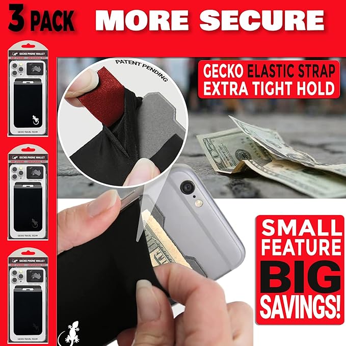 Phone Wallet - Adhesive Card Holder - Cell Phone Pouch - Stick on Lycra Pocket by Gecko - Carry Credit Cards and Cash