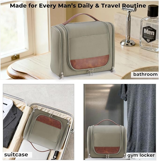 Ralnitote Large Hanging Toiletry Bag for Men, Travel Bathroom Bag with Hook, Hygiene Bag Organizer for Shower, Shaving & Grooming Essentials, Green