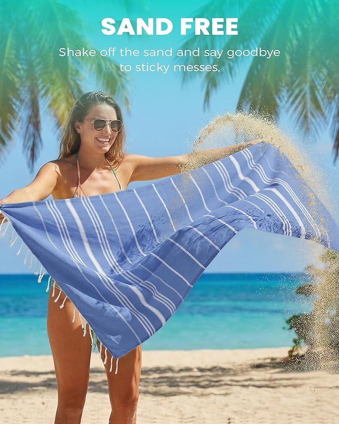 6 Pack Turkish Beach Towels Vacation Essentials with Bag Quick Dry Sand Free Soft Absorbent Adult Bath Pool Swim Long Wide Stripe Towel Cloud Linen Sandfree Mat Summer Thing Lightweight Travel Blue