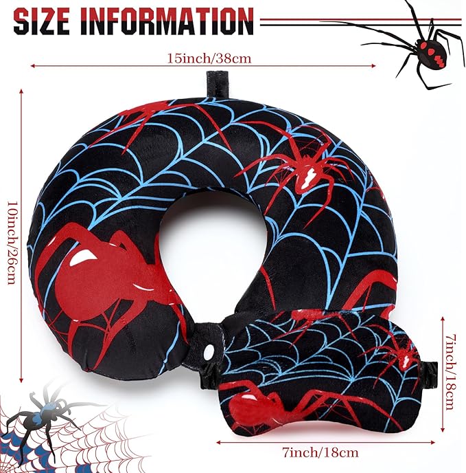 Gilprop 2 Pcs Spiderweb Travel Pillow with Sleep Eye Mask, U Shaped Memory Foam Headrest & Neck Pillow with Washable Cover, Soft Neck Head Support Travel Accessories for Airplane Car Train Bus Trips