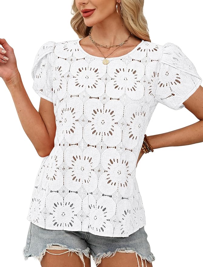 OFEEFAN Blouses for Women Dressy Casual Petal Short Sleeve Shirts Crochet Lace Boho Tops Spring Fashion Summer Outfits